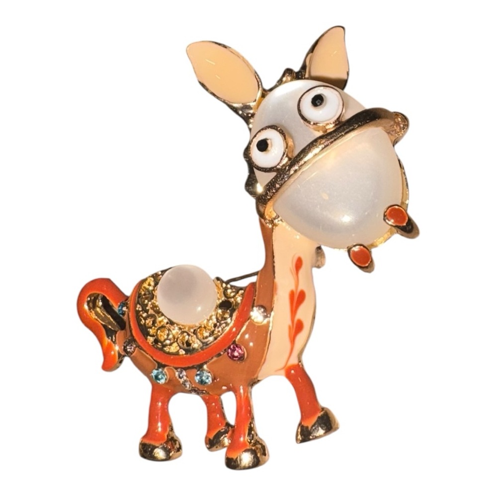 Vintage Whimsical Enamel Donkey Brooch Rhinestone Cabochon Figural Pin J42